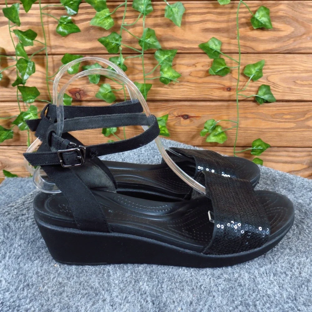 Crocs LeighAnn Women Wedge Sandal Size 9 Comfort Walking Black Sequin Strap